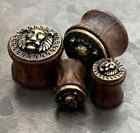 Pair Antique Gold Lion W/Maze Pattern Rim Wood Saddle Plugs Body Jewelry