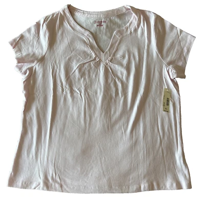 St Johns Bay Women's T-Shirt 100% Cotton V-Neckline Trim Pink - Image 1 of 4