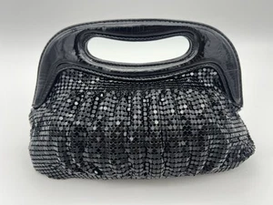 Vintage Black Mesh Evening Clutch Purse, Patent Leather Handle, Retro Glam Bag  - Picture 1 of 11