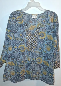 Signalblaue geblümte Bluse 3/4-Ärmel V-Ausschnitt Gr. 2X - Bild 1 von 3