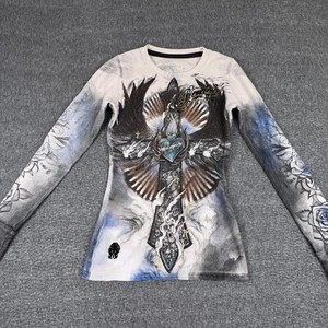 Remetee Thermal Long Sleeve Shirt Ladies Small Cross Wings Roses Grunge Y2K - Picture 1 of 7