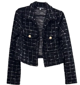 Lucky Brand (J) Sincerely Jules Tweed Blazer M Black Plaid Cropped Jacket EUC - Picture 1 of 4