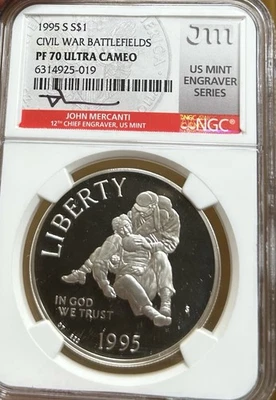 1995 S Civil War Commemorative Silver Dollar Mercanti Signed $1 NGC PF70 - Image 1 of 4