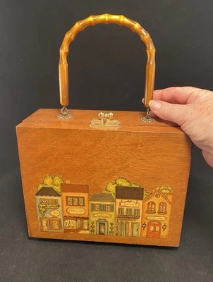 Vtg Wooden Decoupage Purse with Bamboo Tortoise Handle Row Of Small Businesses - Image 1 of 4