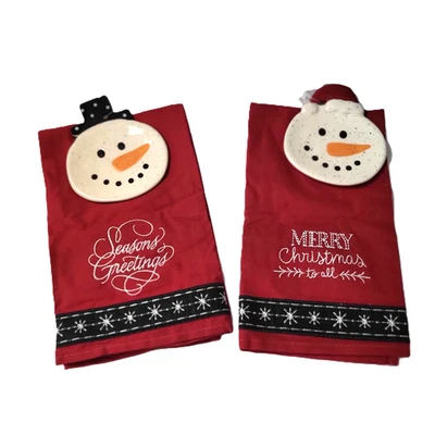 Christmas Embroidered Tea Towels with Ceramic Snowman Dish 4-Piece Set - Image 1 of 4