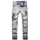 Mens Jeans Casual Slim Fits Eagle Embroidery Ripped Stretch Male Skinny Jeans