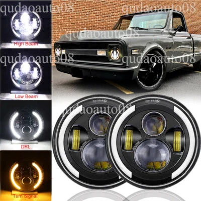 Pair Fit Chevy C10 C20 Pickup Camaro Nova 7" Round LED Headlights Hi/Lo Halo DRL - Image 1 of 4