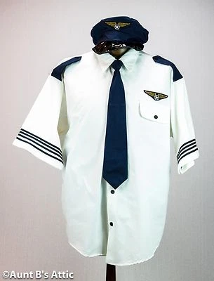 Camisa Piloto 3 Piezas Blanca Manga Corta Disfraz Camisa Corbata y Sombrero  Foto 1 de 2