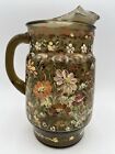 Vintage Libbey Amber Glass Pitcher Hand Painted Signed Unique Floral Pretty