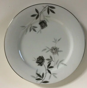 NORITAKE ROSAMOR 8 1/4" SALAD PLATES GRAY BLACK ROSES PLATINUM TRIM  - Picture 1 of 4