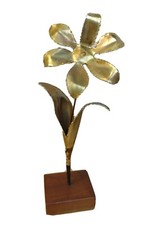 Single Flower Sculpture on Wood Base Vintage Brutalist Torch Brass Art Hong Kong