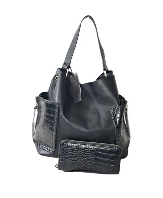 Deluxity Black Crocodile Print Whipstitch Side Pocket Hobo Purse Wallet Set - Image 1 of 4