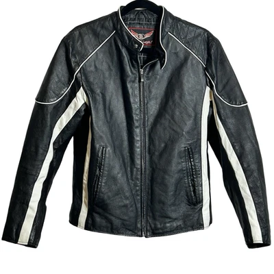 Chaqueta de Motociclista Street Legal Cuero Negro Blanco Forro Acolchado Talla Pequeña Moto Foto 1 de 4
