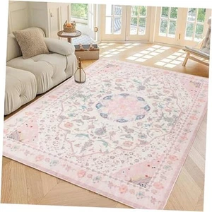 Area Rug - Vintage 5x7 Non-Slip Backing Area Rugs Light Pink Soft Faux Wool - Picture 1 of 7