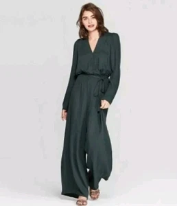 A New Day Jumpsuit Women's Small Long Sleeve Wide Leg Hunter Green Jumper Romper - Picture 1 of 14