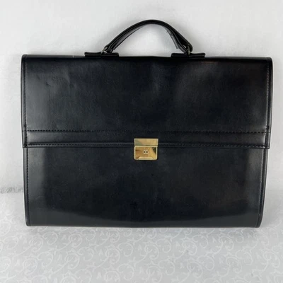 Amiet Swiss Black Leather Briefcase Portfolio File Folder Document Bag Lock 15" - Image 1 of 4