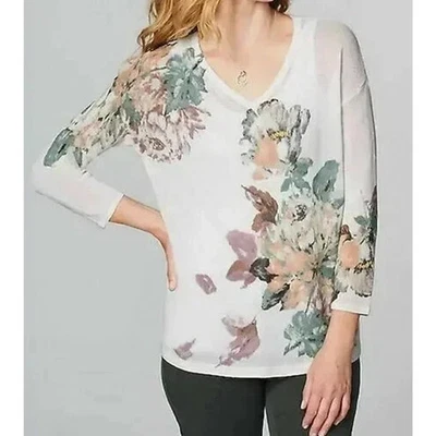 J. Jill floral linen blend knit pull over sweater Size S white beach cottagecore - Image 1 of 4