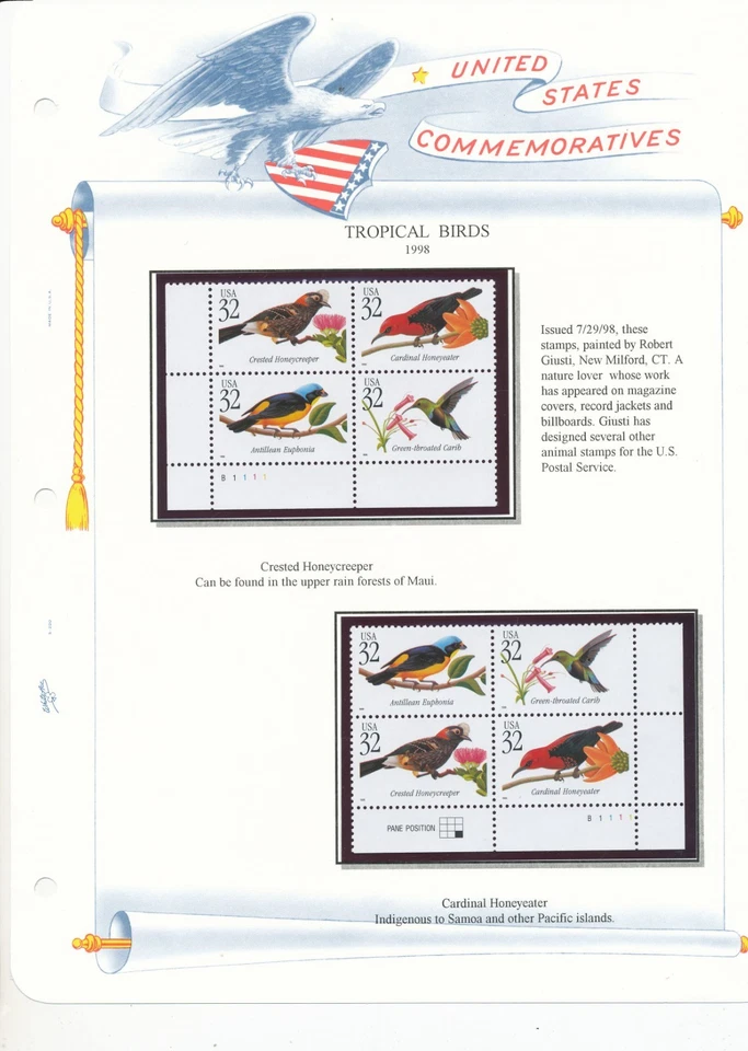 MNH USA PLATE BLOCK # MOUNTED ON STAMP WHITE ACE  PAGES  1998  (M3) - Image 1 of 1