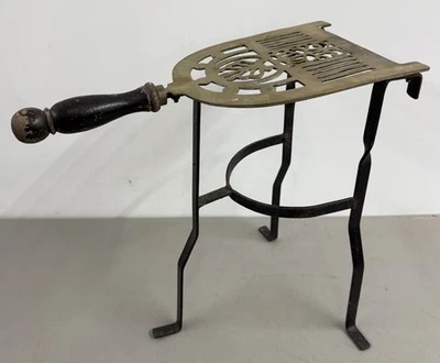 Antique Wrought Iron Fireplace Trivet Stand Brass with Wood Handle 14" - Image 1 of 4
