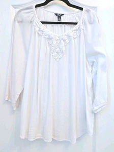 Chaps Denim Blouse Top Womens XL White Crochet Trim 3/4 Sleeve Round Neck - Picture 1 of 8