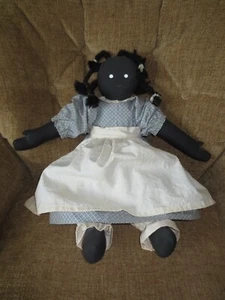 1980's SIGNED Handmade 19" AFRO-AMERICAN RAG DOLL w/Rag-Tied Braids - Picture 1 of 8