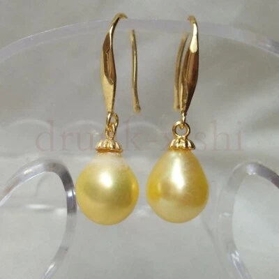 Pendientes colgantes de perlas reales amarillas doradas del Mar del Sur de oro de 14 k P Foto 1 de 4
