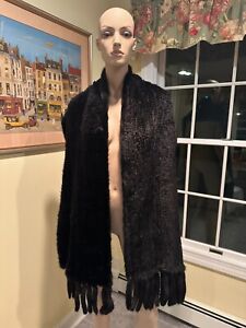 New! Extra Long 84" x 13" Real Black Knitted Crochet Mink Fur Scarf Wrap Stole
