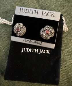 Vintage Judith Jack Garnet Marcasite Sterling Silver Clip Earrings NWT Pouch - Picture 1 of 3