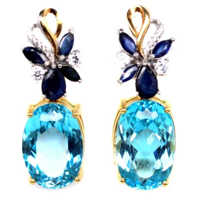 Gemstone 12 x 19 MM. Sky Blue Topaz, Sapphire & Zircon Earrings 925 Silver - Image 1 of 4