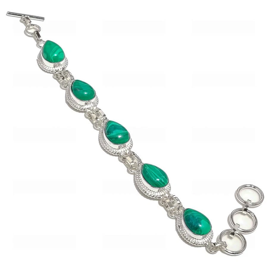 Brazalete de joyería de plata de ley 925 hecho a mano con piedras preciosas de malaquita verde talla 7-8" Foto 1 de 1
