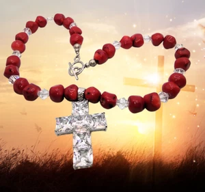 RED CORAL BEADS & CZ CROSS Amazing Religious Necklace 16" Long Toggle Clasp - Picture 1 of 4