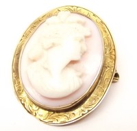 Antique 10K Gold Carved Shell Cameo Brooch Pin Pink Relief Woman Vtg Victorian