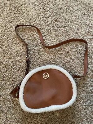 Anne Klein Dome Shearling Crossbody Bag Brown Gold Zipper Adjustable Strap - Image 1 of 4