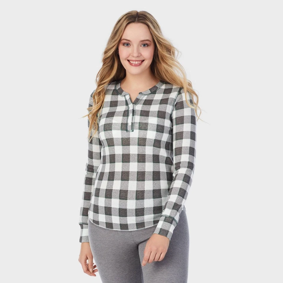 Top Henley manga larga gofre gingham Warm Essentials by Cuddl Duds para mujer Foto 1 de 1