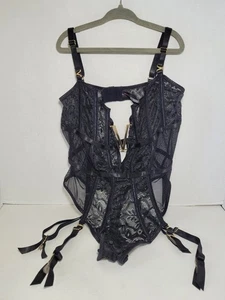 Body Rage Lingerie Black Teddy With Stocking Straps Size Small Black Lace Sexy - Picture 1 of 10