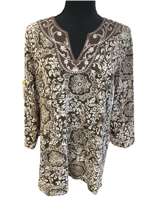 Túnica Floral Gloria Vanderbilt Informal Marrón Y Blanco Mangas 3/4 TALLA LG Foto 1 de 4