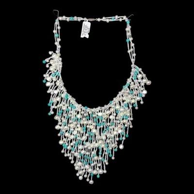 NWT 14k White Gold Pearl And Turquoise Bead Statement Necklace Waterfall Fringe - Image 1 of 4