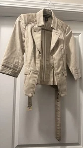 WHBM Jacket  00 Cream Blazer Belted 3/4 Sleeve Career Stretch Casual Pintuck - Picture 1 of 11