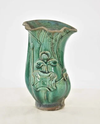 Antique Chinese Green Ceramic / Pottery Lotus Shaped Wall Pocket / Hanged Vase - Image 1 of 4