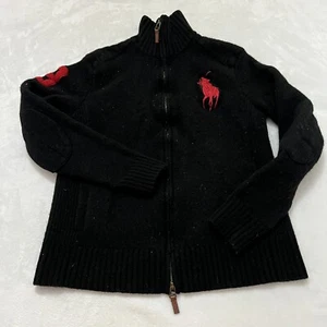 Polo Ralph Lauren Lambs Wool Sweater Kids Medium Black Full Zip Red Big Pony #3 - Picture 1 of 23