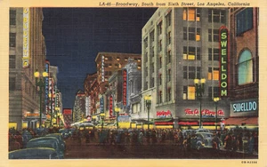LOS ANGELES CA BROADWAY AT NIGHT OWL DROGA TEATROS 1940 LINO POSTAL 051524 T - Imagen 1 de 2