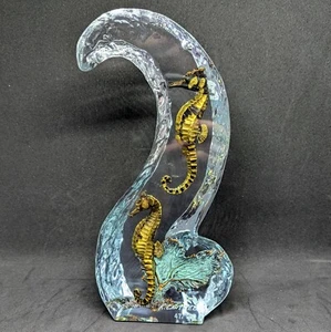 Lucite And Bronze Sculpture By Kitty Cantrell Two Seahorses Ocean Wave - Picture 1 of 10