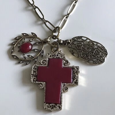 Vintage Lucky Brand Cross Necklace Red Semi Precious Stone Gold Tone Faith - Image 1 of 4