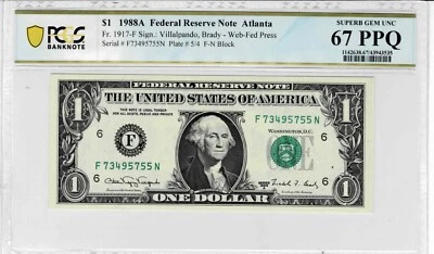 1988A $1 Federal Reserve 'WEB' Note-fr.1917-F (FN 5/4) -PCGS Superb GEM  67 PPQ - Image 1 of 4