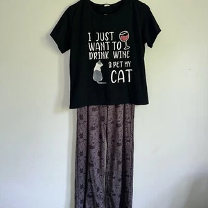 “I Just Want To Drink Wine & Pet My Cat” Pajamas Womens Size Small - Picture 1 of 4