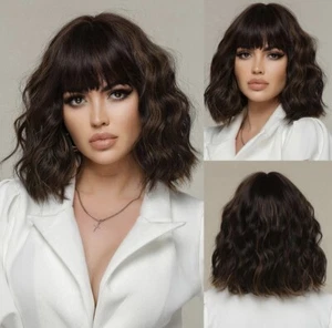 Short Wavy Bob Wig Mixed Black Brown Shoulder Length With Bangs Women Natural - Picture 1 of 5