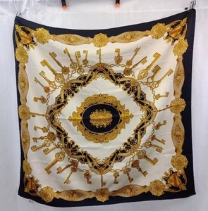 Marcogalo Milano Square Scarf Keys Black Gold Polyester VGC Vintage Made in Ital - Picture 1 of 10