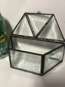 Vintage UNUSUAL Leaded Studio Beveled Art Glass Trinket Jewelry Box Frosted Base - Picture 1 of 5