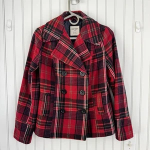 Old Navy Women’s Plaid Peacoat Sz S Red Tartan Double Breasted Wool Holiday - Picture 1 of 14