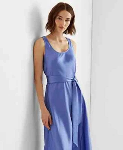 RALPH LAUREN Women Blue Satin Sleeveless Below The Knee Party A-Line Dress 12 - Picture 1 of 8